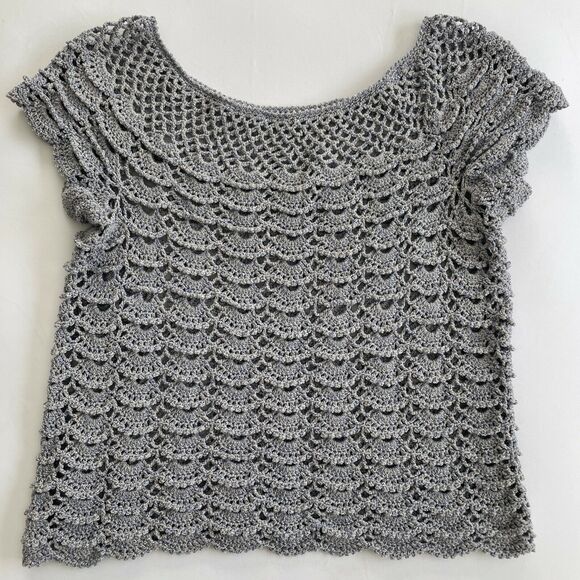 Beautiful Vintage Hand-Crocheted Knit SS Pullover L-XL Lavender - Scalloped Hem - Picture 1 of 11